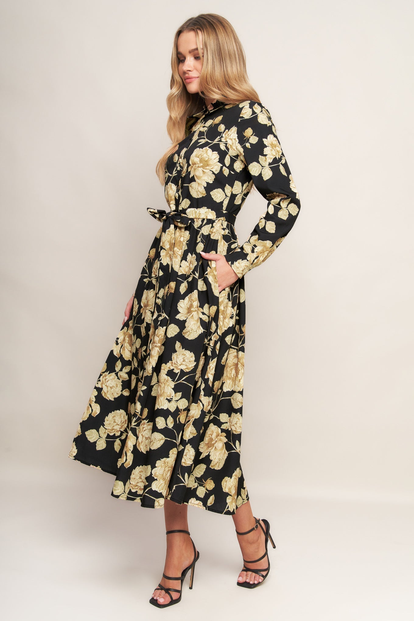 MIDNIGHT BLOOM BLACK WOVEN MIDI DRESS Flying Tomato